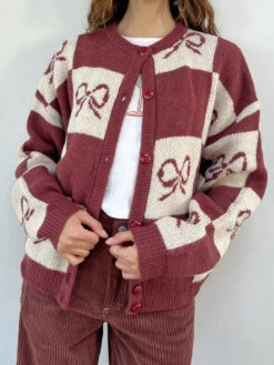 Lauda Cardi - Merlot Bow Check -Fashion Shop IMG 0850 lisa says gah cardigan bow wine