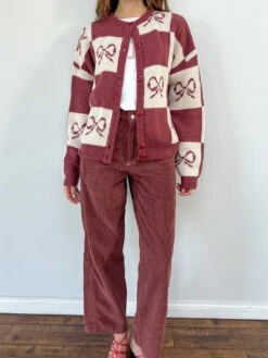 Lauda Cardi - Merlot Bow Check -Fashion Shop IMG 0852 lisa says gah cardigan bow wine