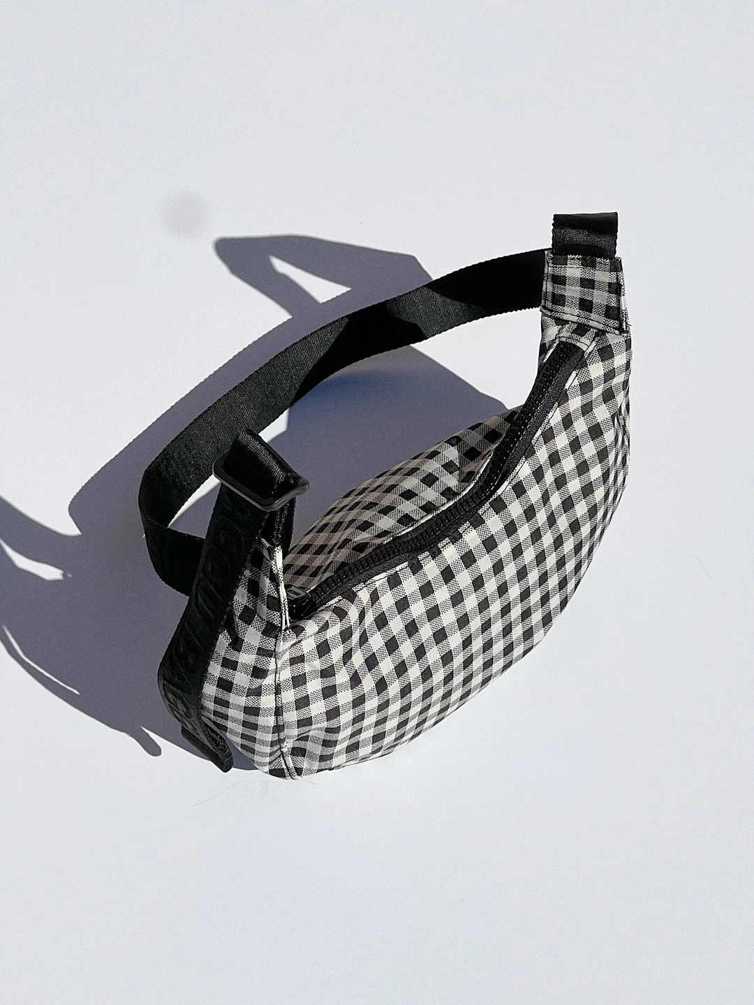 Small Nylon Crescent Bag - Black & White Gingham 3 Small Nylon Crescent Bag - Black & White Gingham
