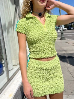 Split Popcorn Polo - Lime/Aqua