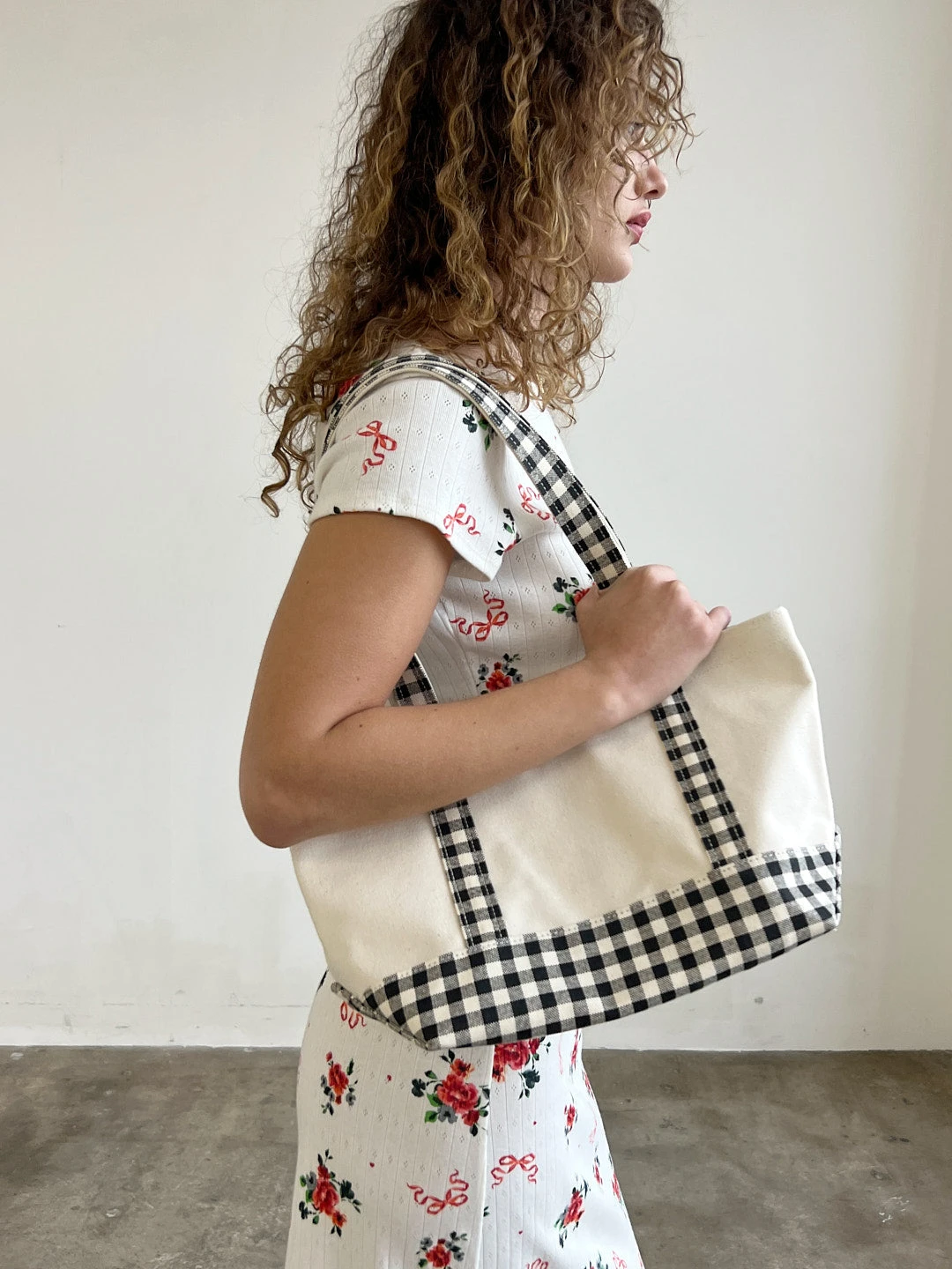 Small Heavyweight Canvas Tote - Black/ White Gingham 3 Small Heavyweight Canvas Tote - Black/ White Gingham