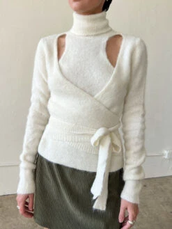 Ganni Brushed Alpaca Wrap Blouse - Egret