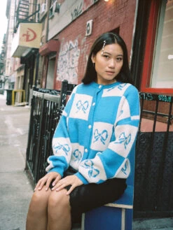 Lauda Cardi - Navy Bow Check -Fashion Shop LIND504 019 lisa says gah sweater cardigan bow blue